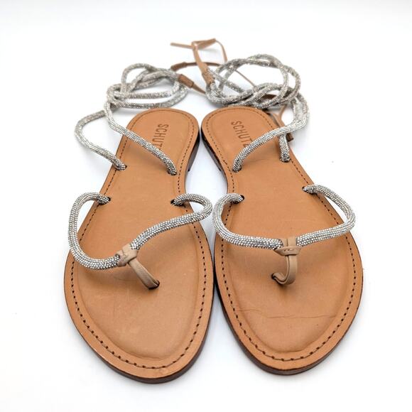 Schutz Kittie Glam Casual Flat Sandals Women's Silver/Beige Size US8B EU38.5 - Picture 3 of 14